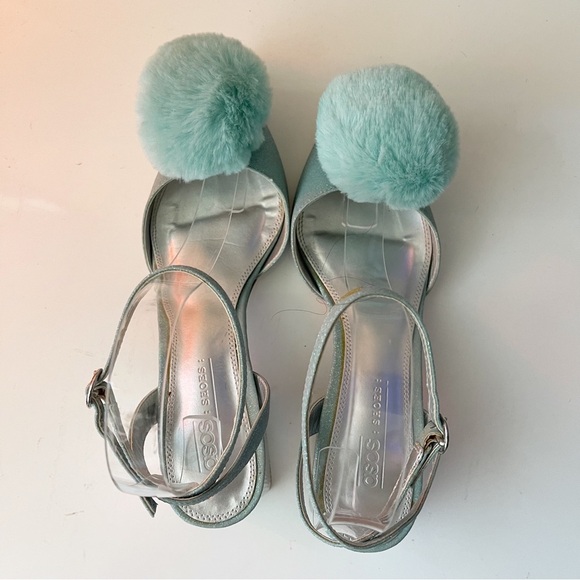 ASOS PomPom Heels Shoes 6 Blue Glitter - Picture 3 of 7